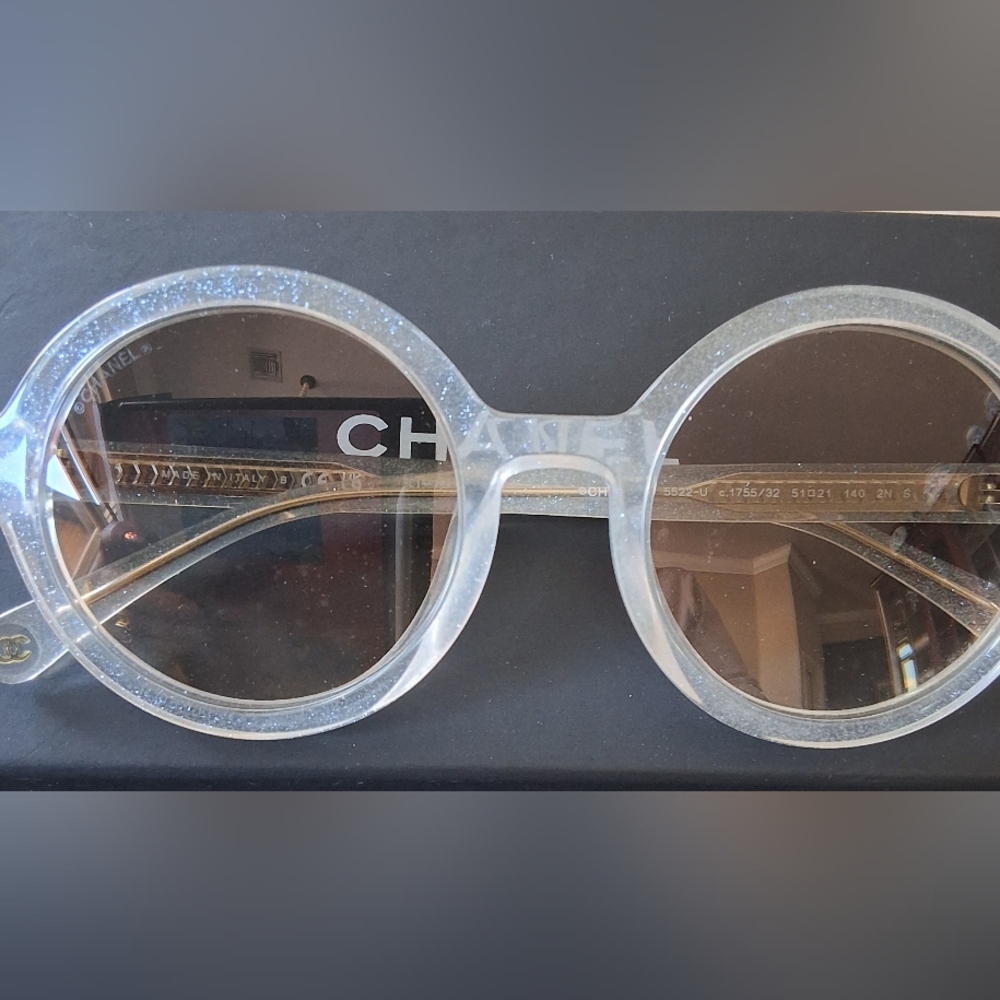 CHANEL Clear glitter shimmer Round Frame Sunglasses with Gray Lenses - Picture 6 of 11